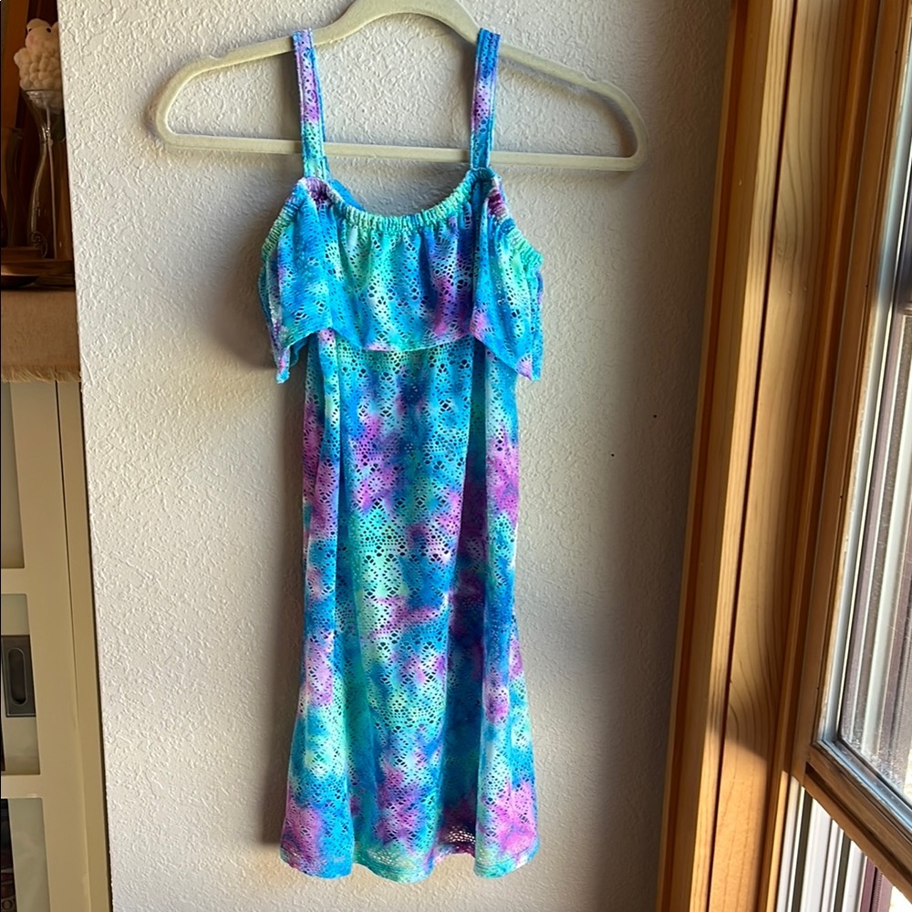 Girls Justice blue-purple-green adjustable strap swim suit coverup size 12/14